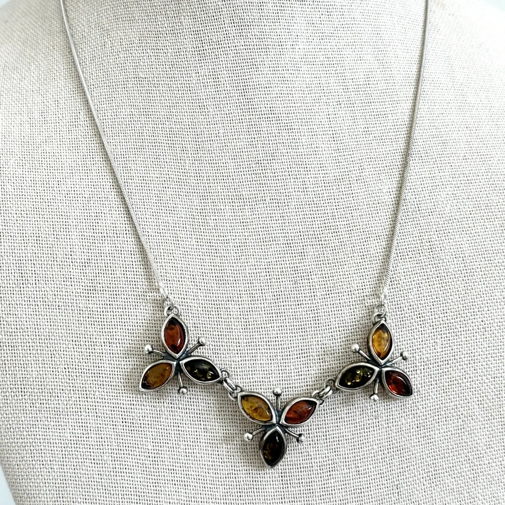 Vintage 925 Sterling Silver Natural Amber Cabochon Three Flowers Necklace 18